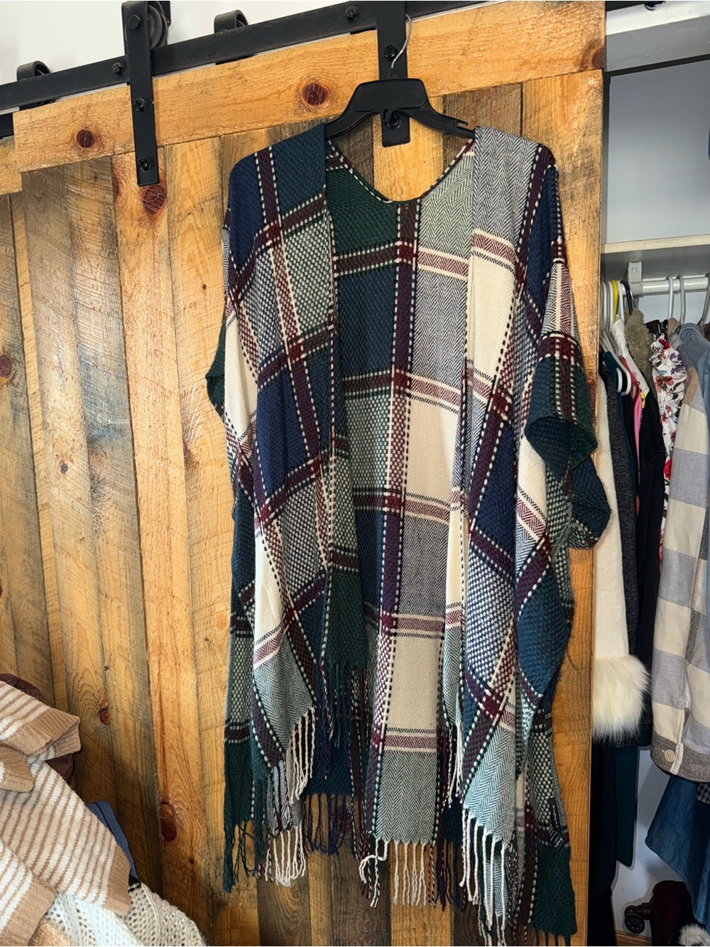 Do everything in love Plaid Fringe Poncho in Green, Navy, Cream, Burgundy